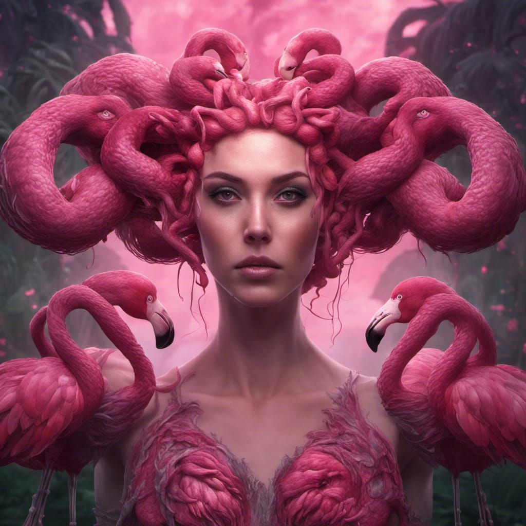Medusa Gorgon with Flamingo Heads, Detailed Matte Painting