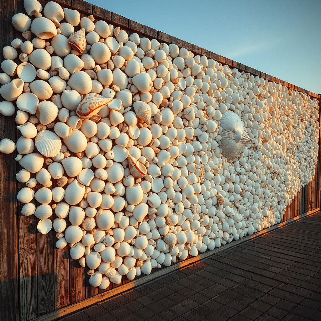 Seashell Mural on Rustic Pier at Golden Hour