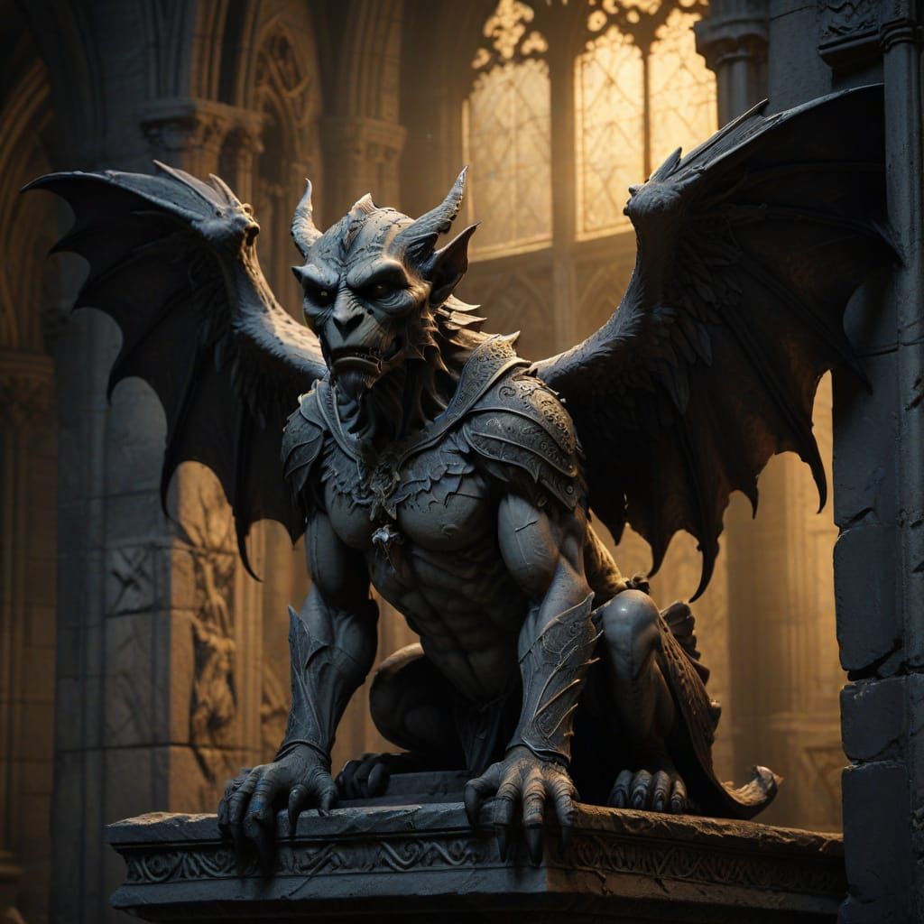 Gothic Gargoyle Silhouette in Muted Golden Light