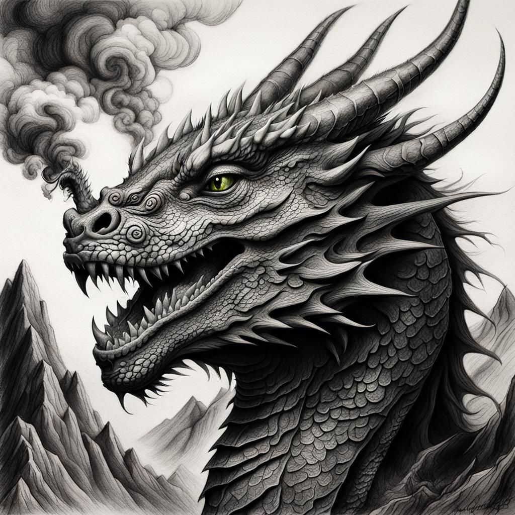 Majestic Dragon Portrait in Charcoal Drawing