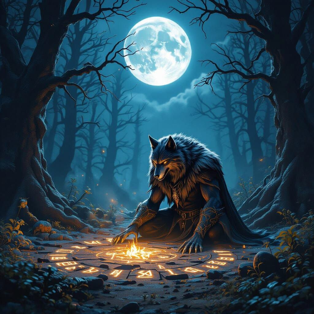 Mythical Werewolf Ceremony in Ancient Forest