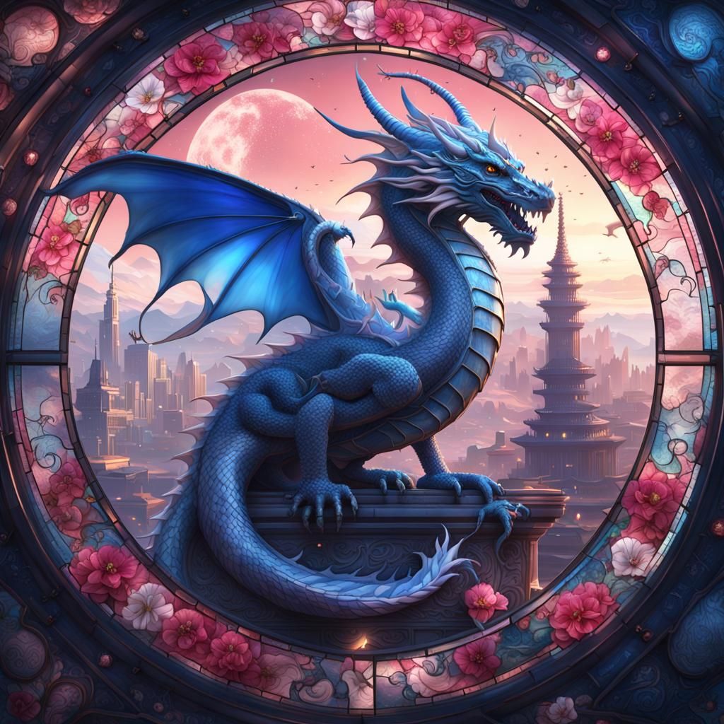 Elegant Dragon with Stars in Stained Glass Style