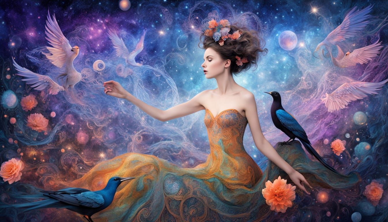 Ethereal Woman Transforms into Birds Amidst Cosmic Garden