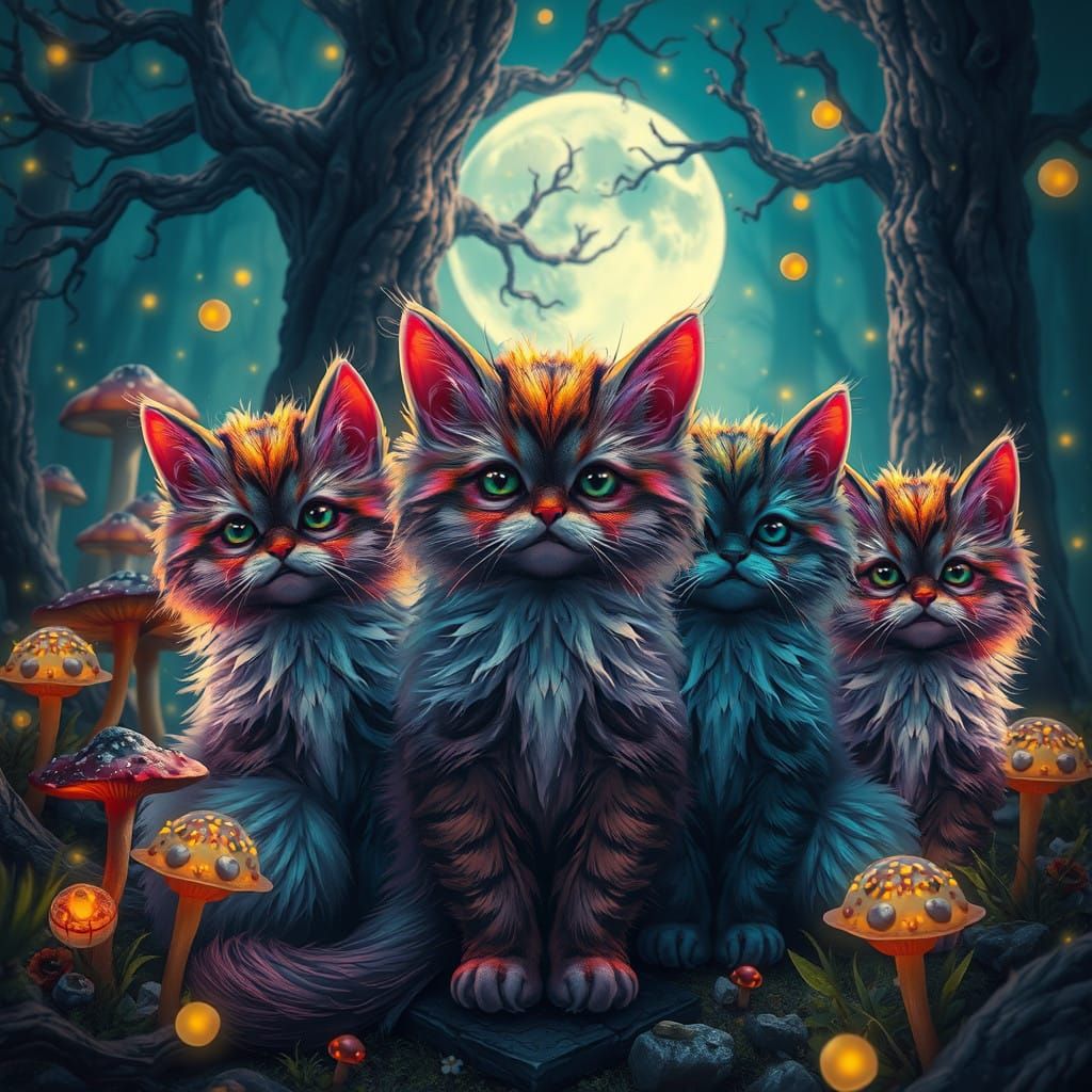 Fanciful Cats in a Mystical Forest