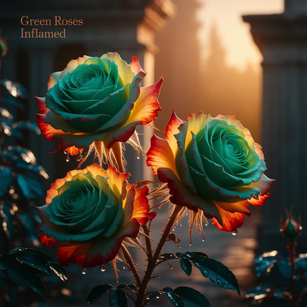 Green Roses Inflamed in Golden Light