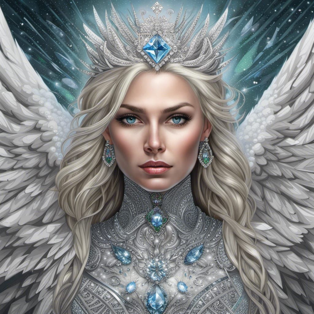 Silver-framed portrait of Ice Queen with diamonds in her blo...