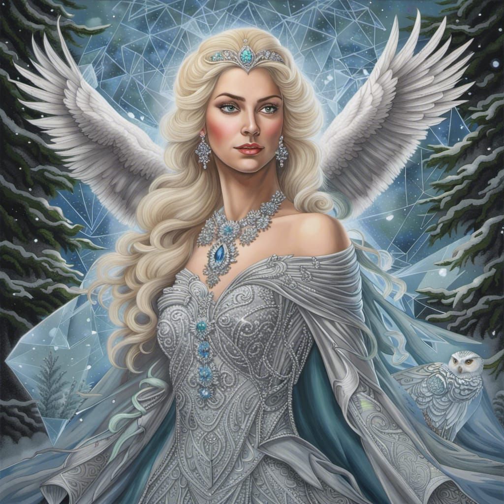 Silver-framed portrait of Ice Queen with diamonds in her blo...
