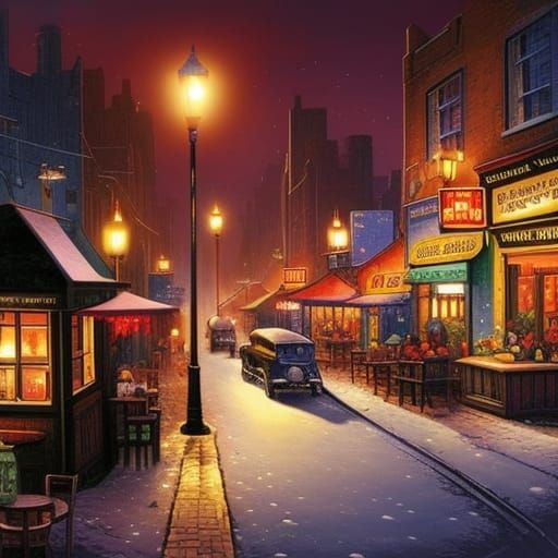 Crowded City Cafe at Night in Comic Book Art