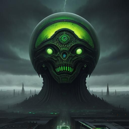 Giger Alien Robots Under Thunderstorm Sky