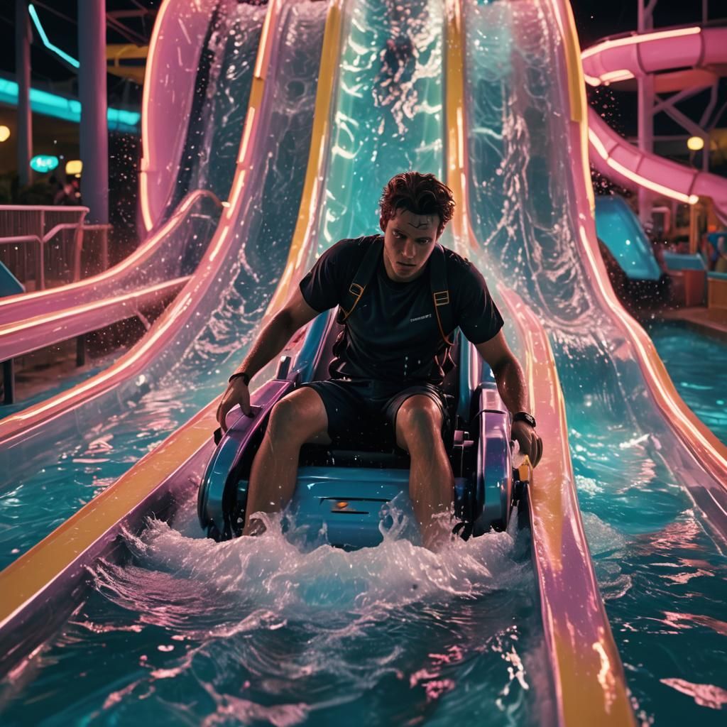 Neon Water Slide Ride in High-Tech Water Park