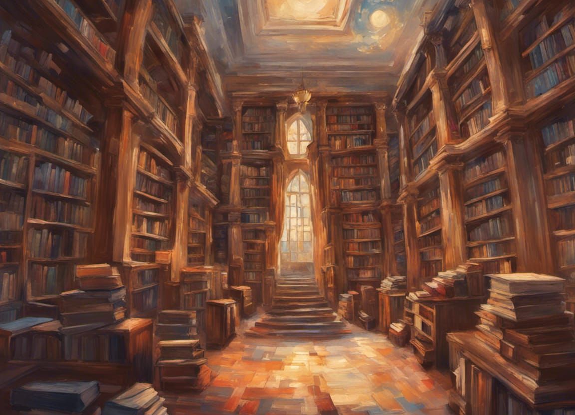 Magical Library with Living Books in Impressionist Style