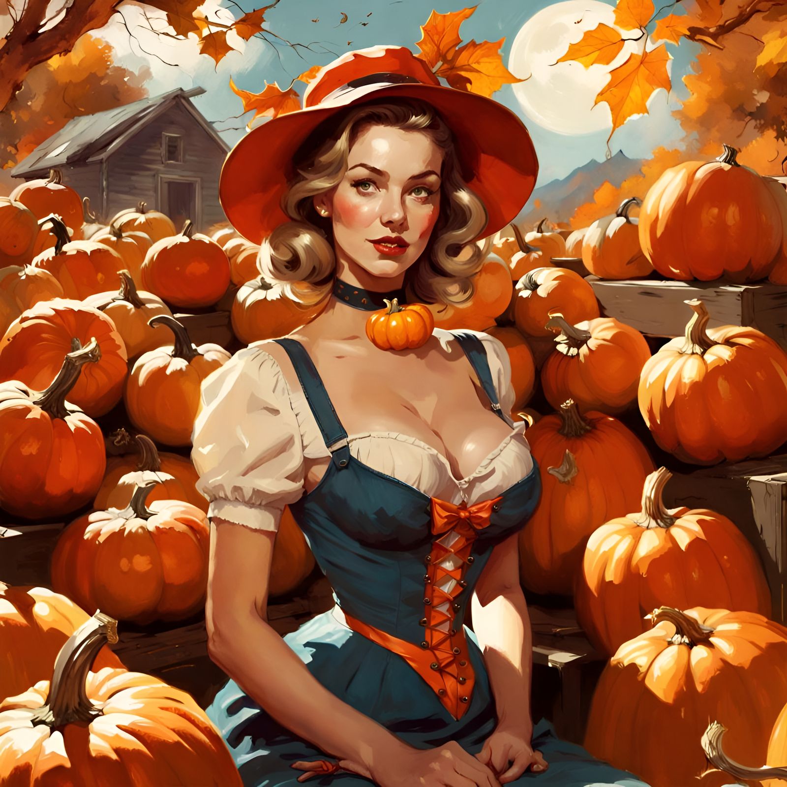 Vintage Portrait of Woman with Pumpkins in Digital Art