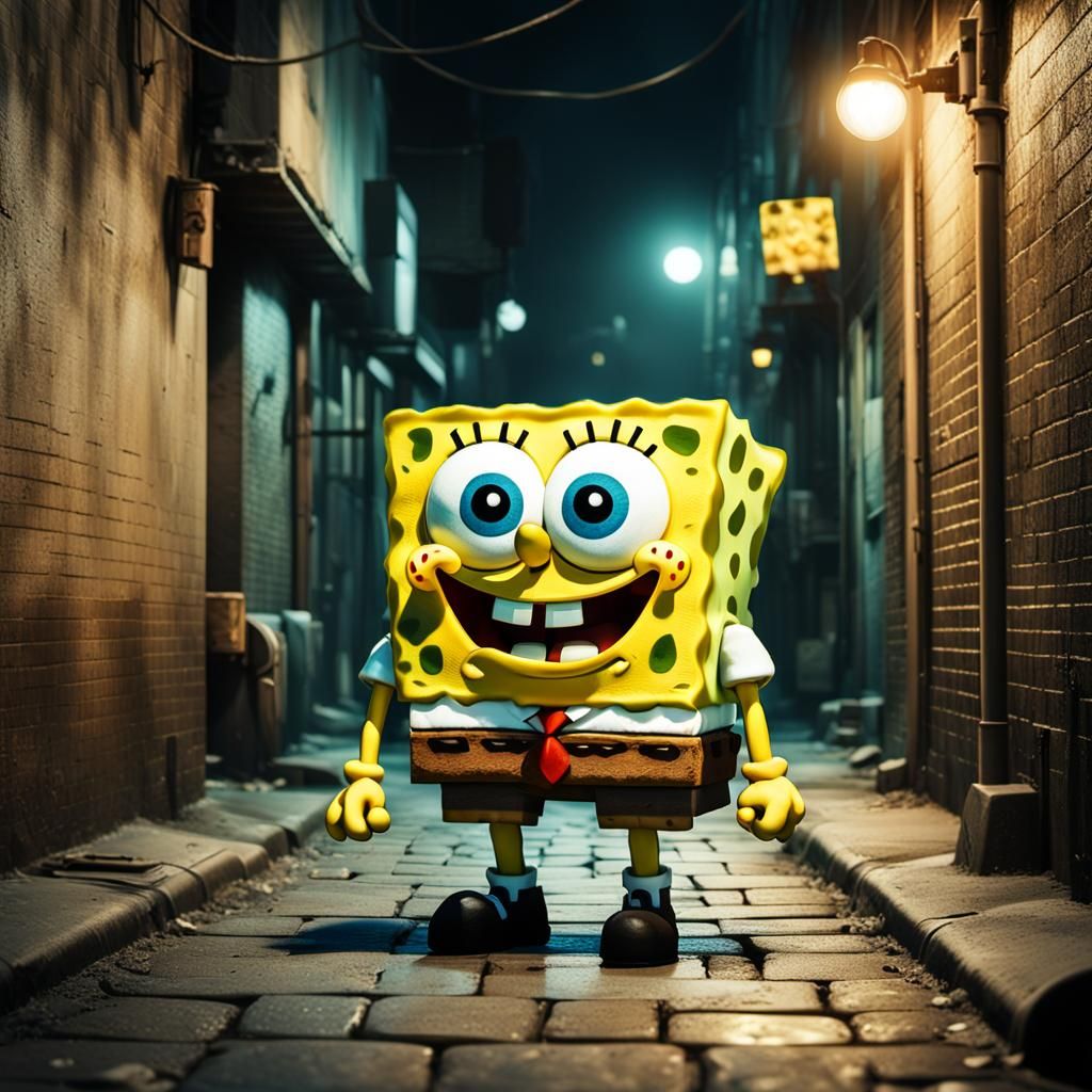 Hyper-Realistic Spongebob in Dimly Lit Alleyway