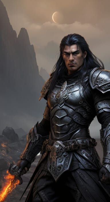 Dark Fantasy Warrior, Flaming Sword, Metal Armor, Cinematic ...