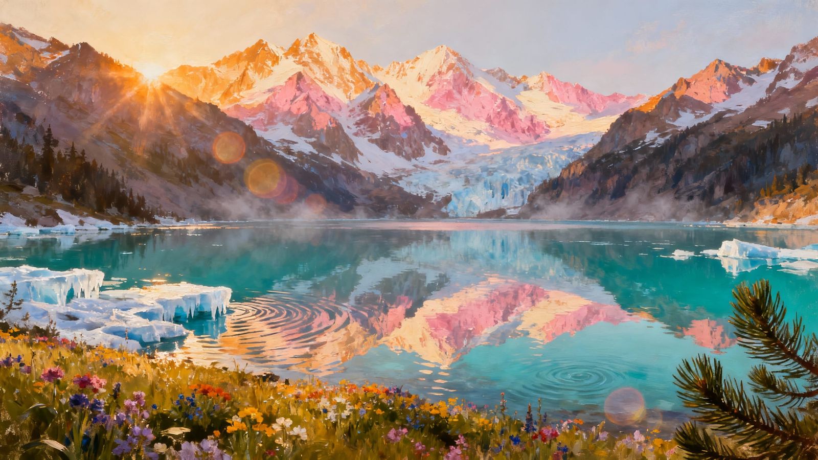 Golden Hour Alpine Lake Reflecting Snow-Capped Mountains