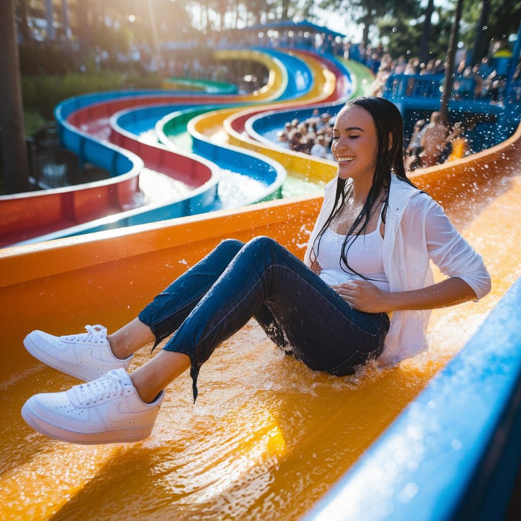 Woman Enjoying a Vibrant Water Slide Adventure at a Thriving...