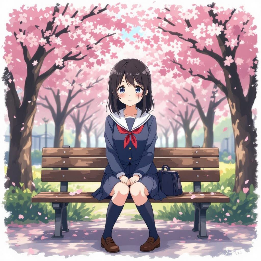 Melancholy Anime Girl on Park Bench
