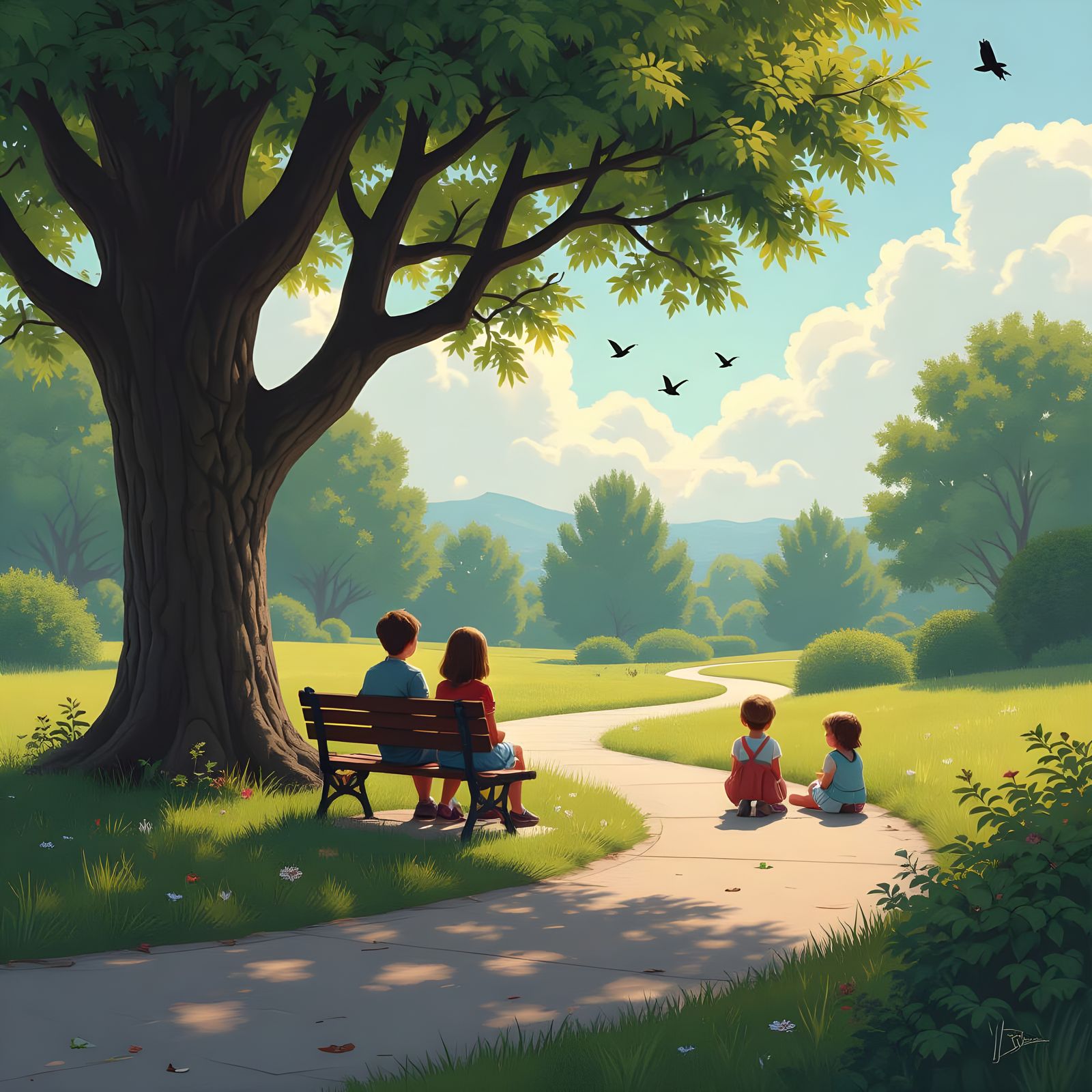 Park Bench Scene with Figures in Fantastical Matte Painting ...