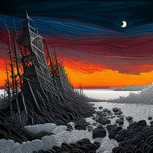 Nightmarish Sunset Landscape in Noir Style
