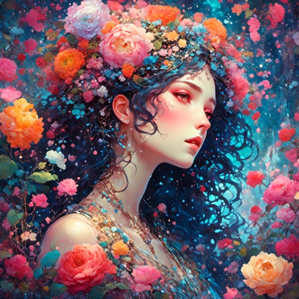 Colorful Flower Woman in Art Nouveau Style