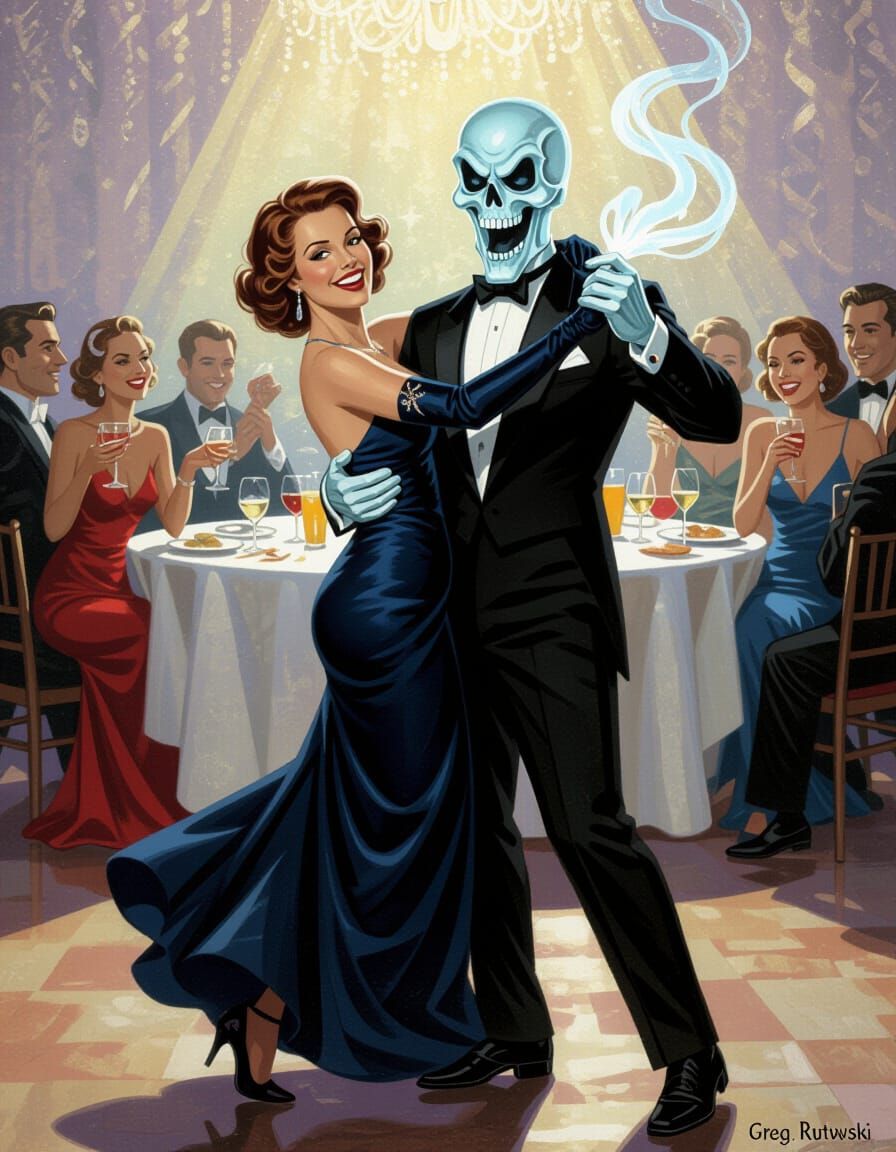 Smiling Woman Dances with Ghostly Man at Sinister NYE Party