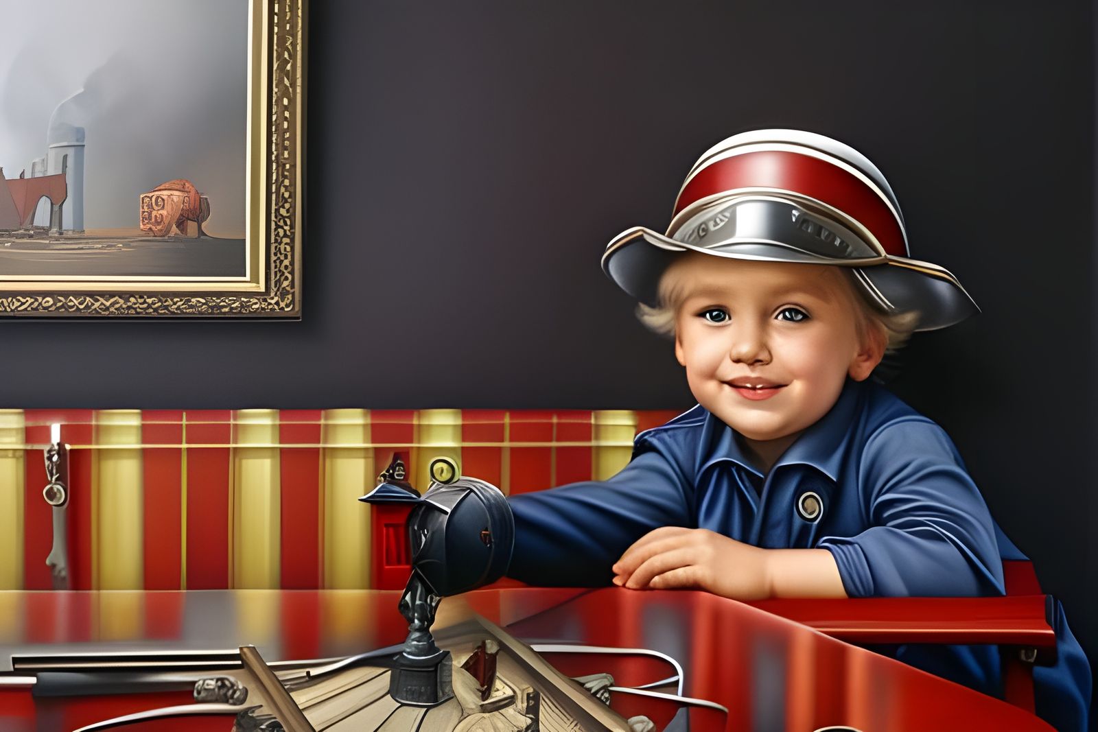 Boy in Fireman's Hat Plays in Baroque Room