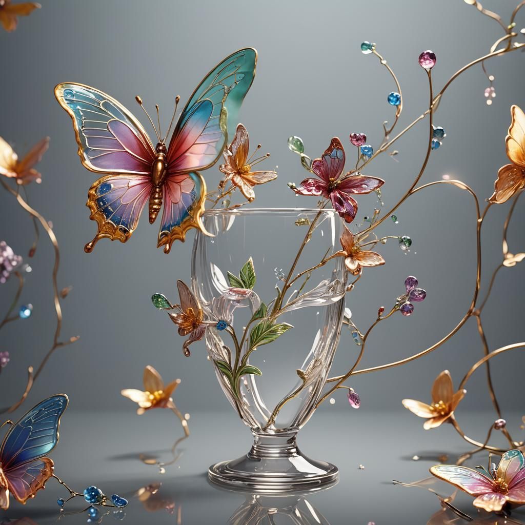Glass Butterfly Sipping Nectar: 3D Digital Illustration