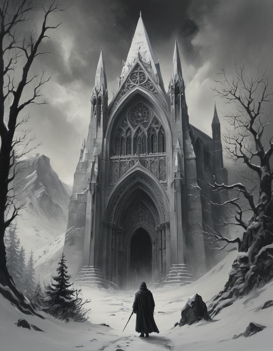 Ethereal Gothic Figure Guards Winter Entrance