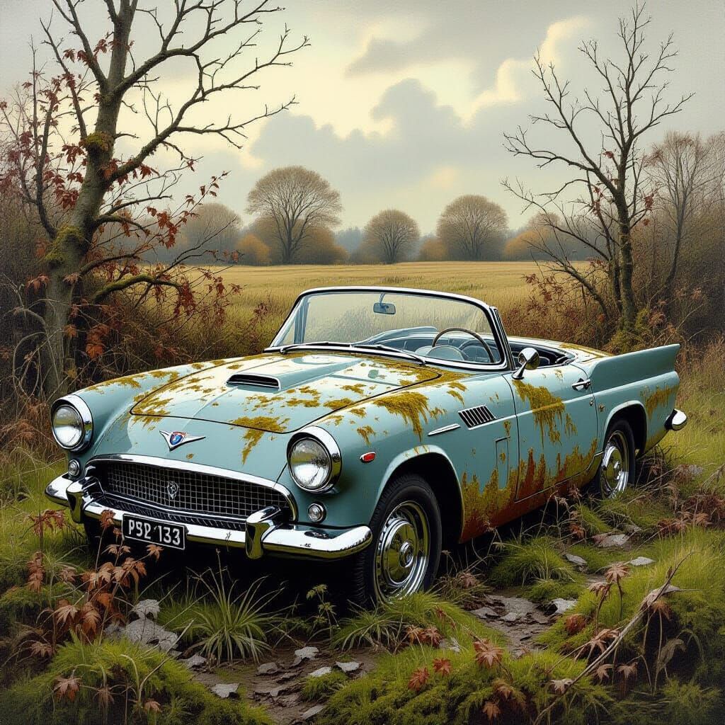 Rusty Lancia Flavia Spider in Overgrown Field Oil Painting