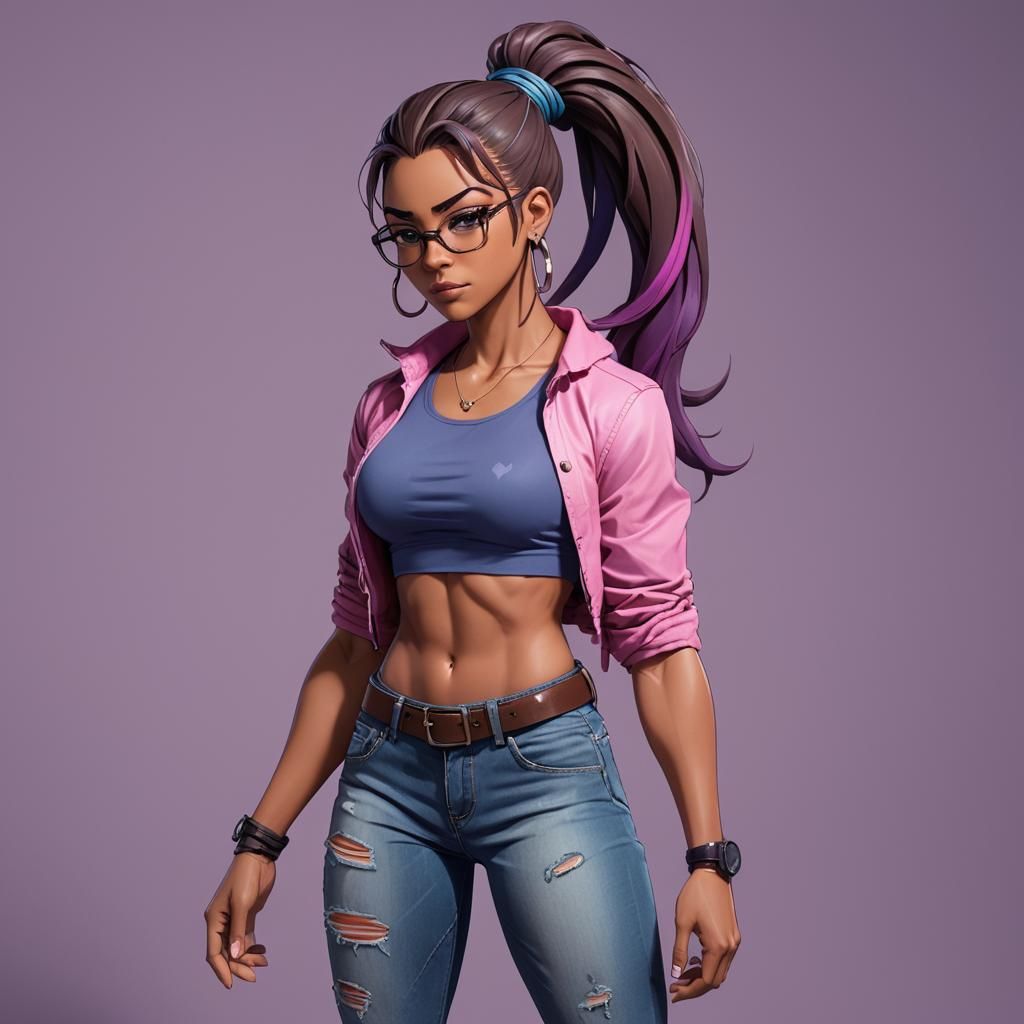 Muscular Latina Woman Portrait in Anime Style