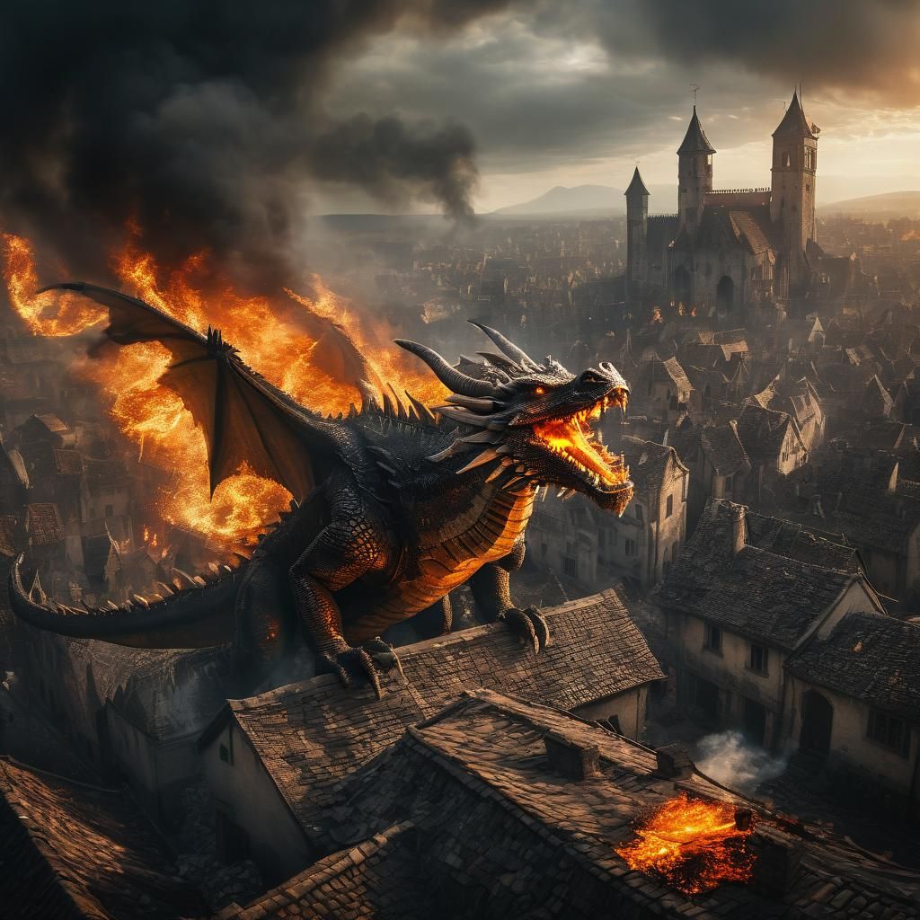 Dragon's Inferno: Medieval City Ablaze in Fiery Rampage