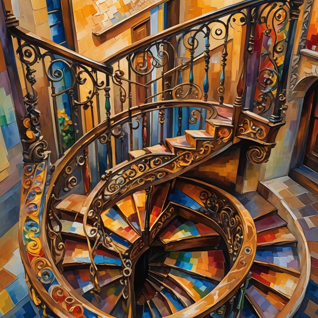 Colorful Spiral Staircase in Impressionist Oil Painting Styl...