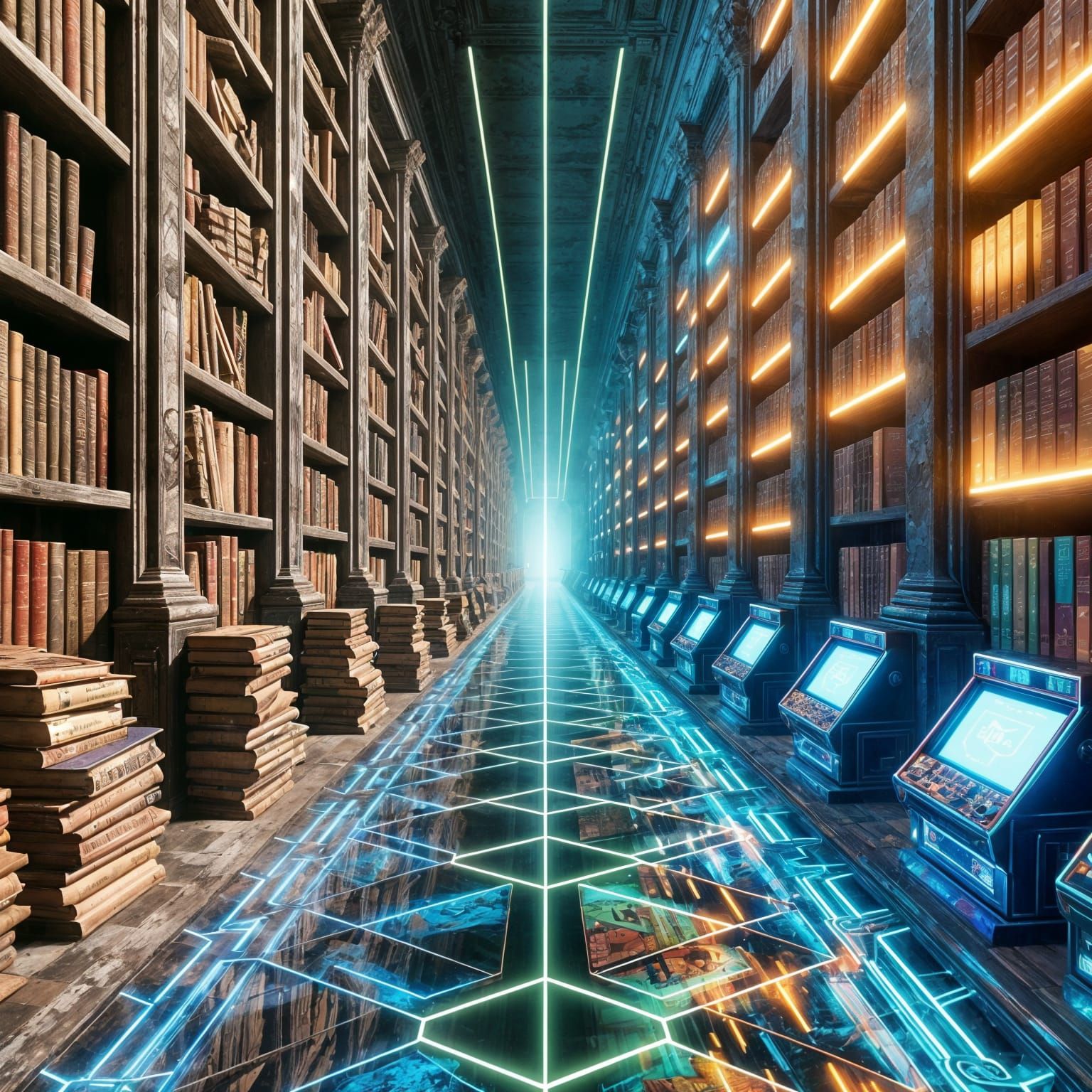 Ancient Library Merges With Neon Arcade