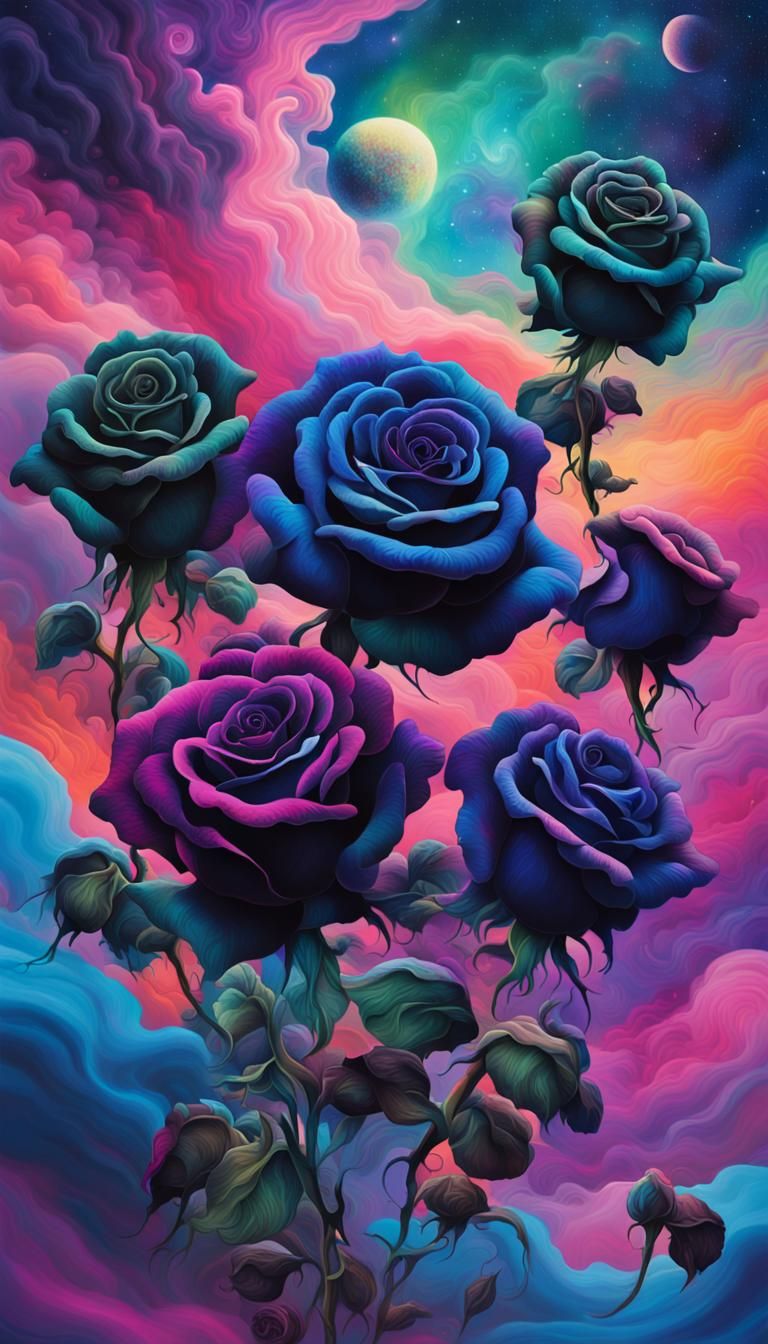 Surrealistic Cluster of Black Roses in Cosmic Clouds