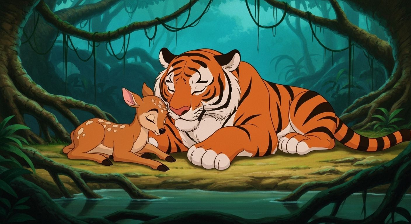 Tiger and Fawn Embrace in Animated Jungle Style