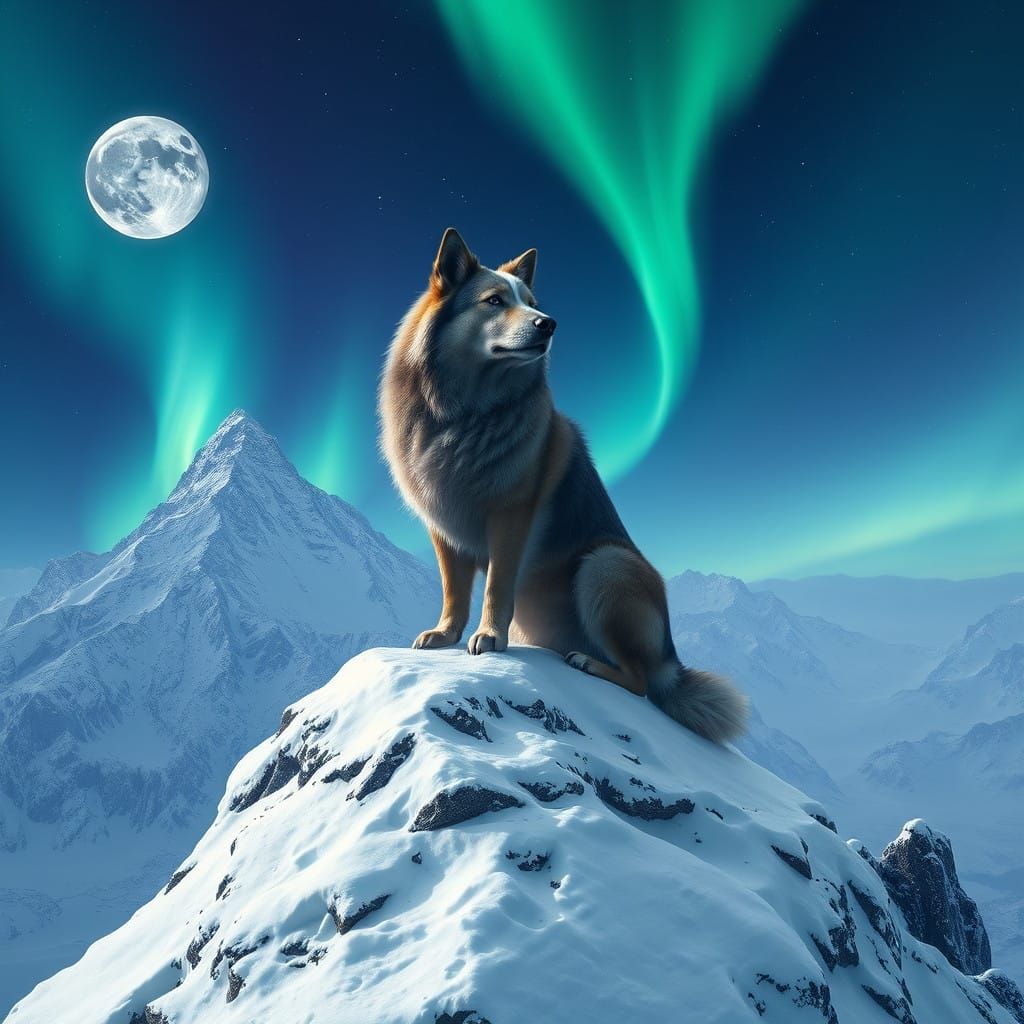 Regal Dog Surveys Kingdom Under Northern Lights
