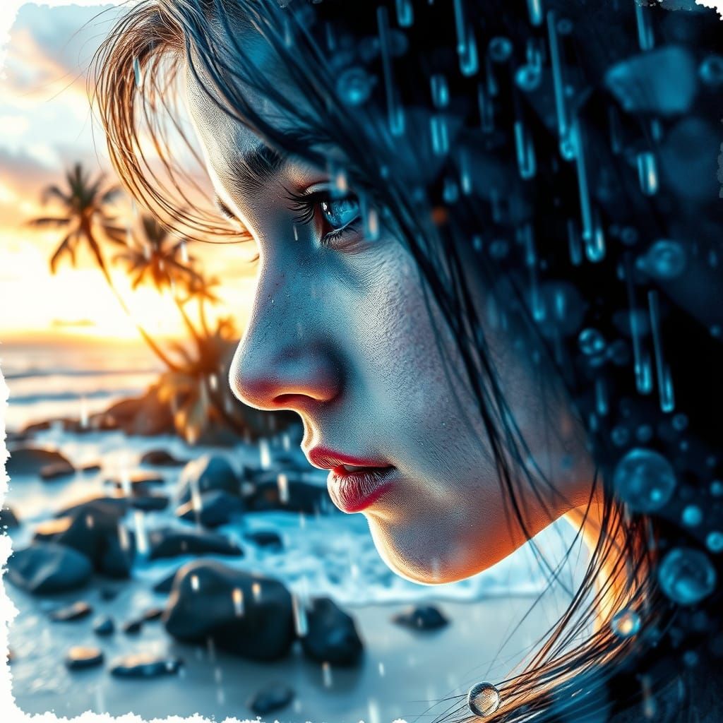 Diamond Rain: Double Exposure Watercolor Portrait