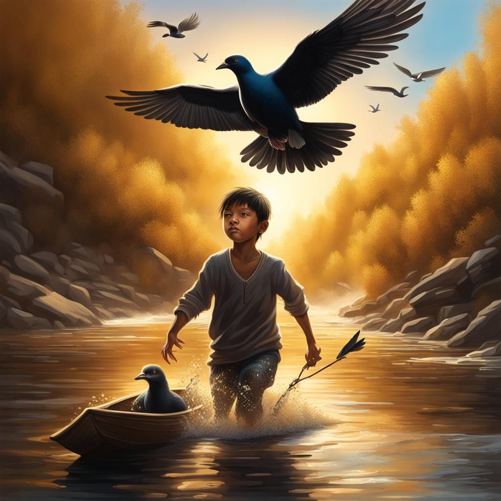 Boy Emerges From Gold River Under Black Sun