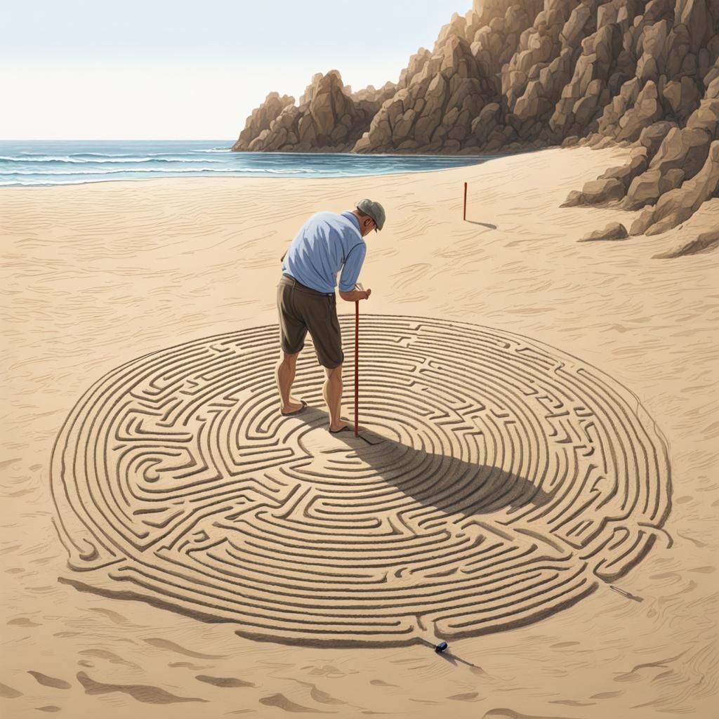 Man Draws Labyrinth on Sandy Beach