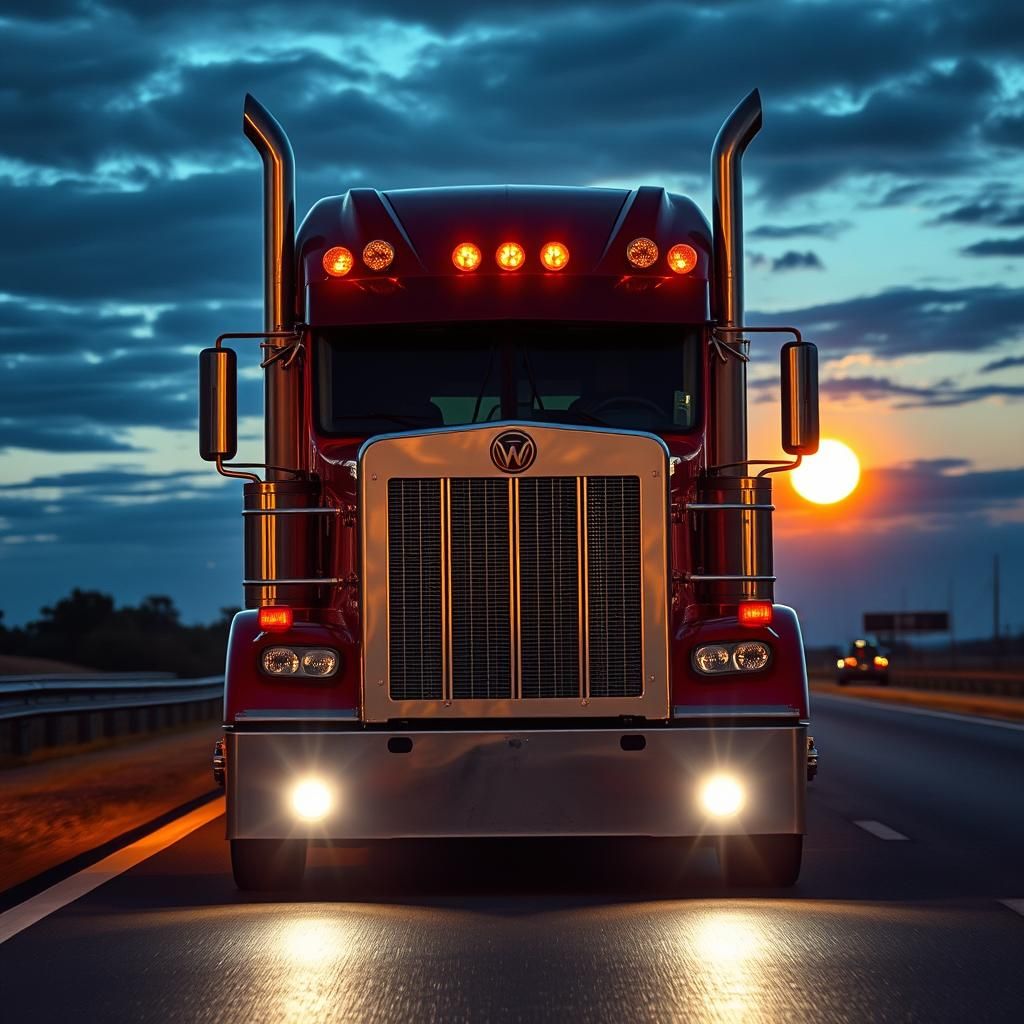 Kenworth Tractor Trailer at Sunset on Freeway