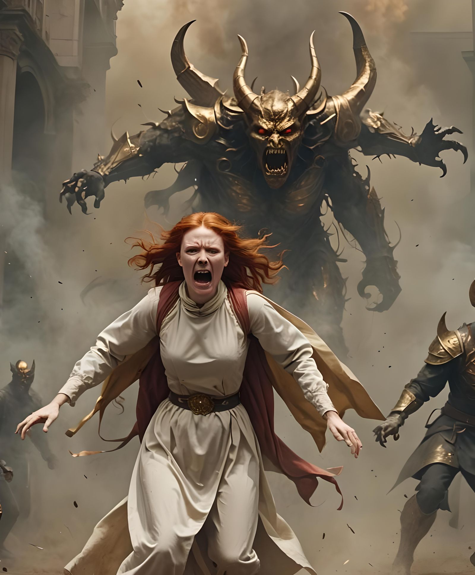 Horrified Woman Chased by Golden Demon