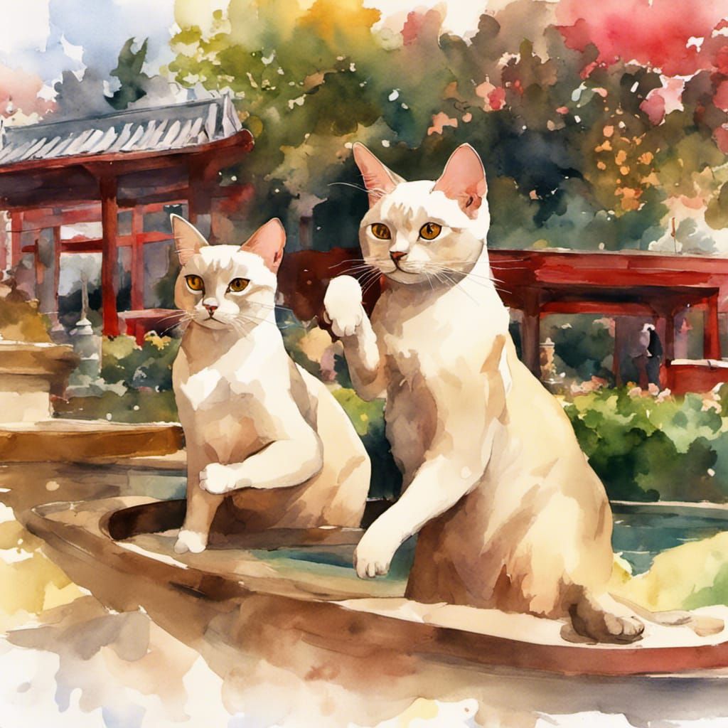 Burmese Cats Play in Vivid Japanese Garden