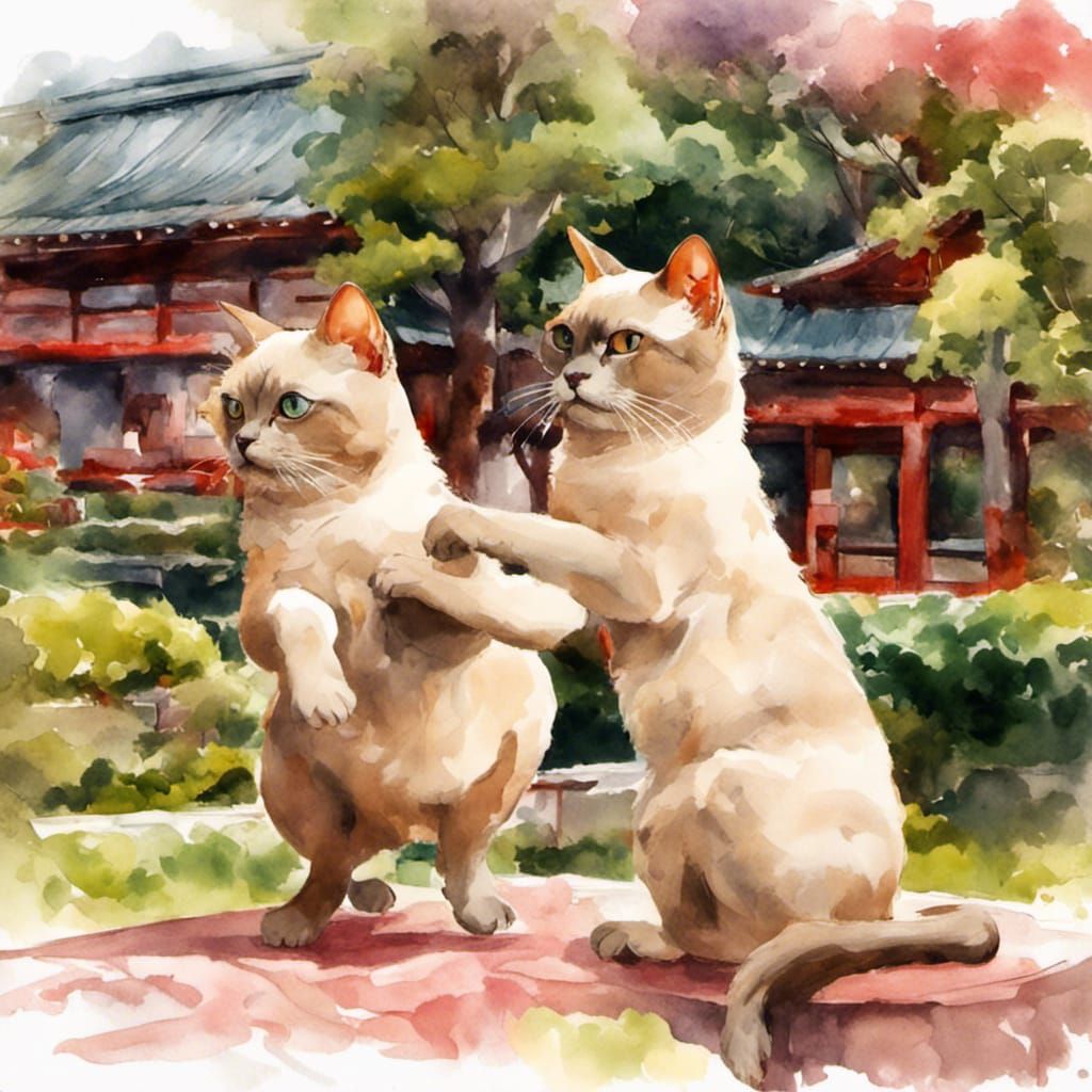 Burmese Cats Play in Japanese Garden Watercolor