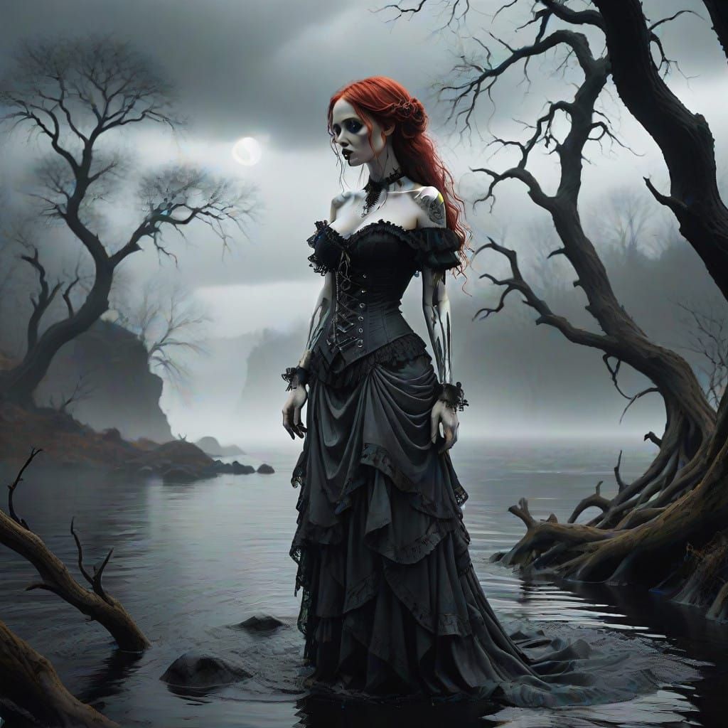 Gothic Redhead Maiden Seeks Solace by Inky-Black Lake