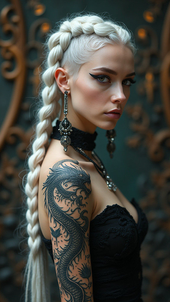 Gothic Woman with Dragon Tattoo in Hyperrealistic Detail