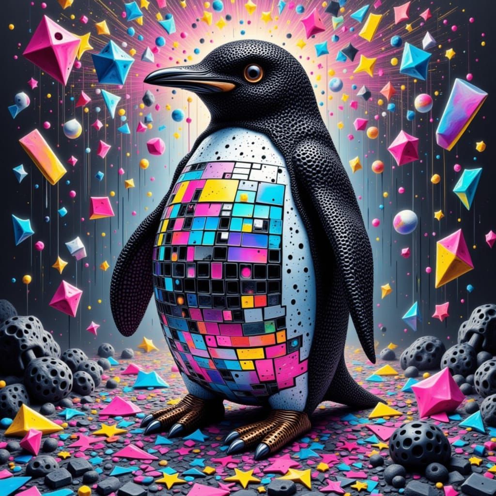 Vibrant Disco Penguin in a Neon Church Setting