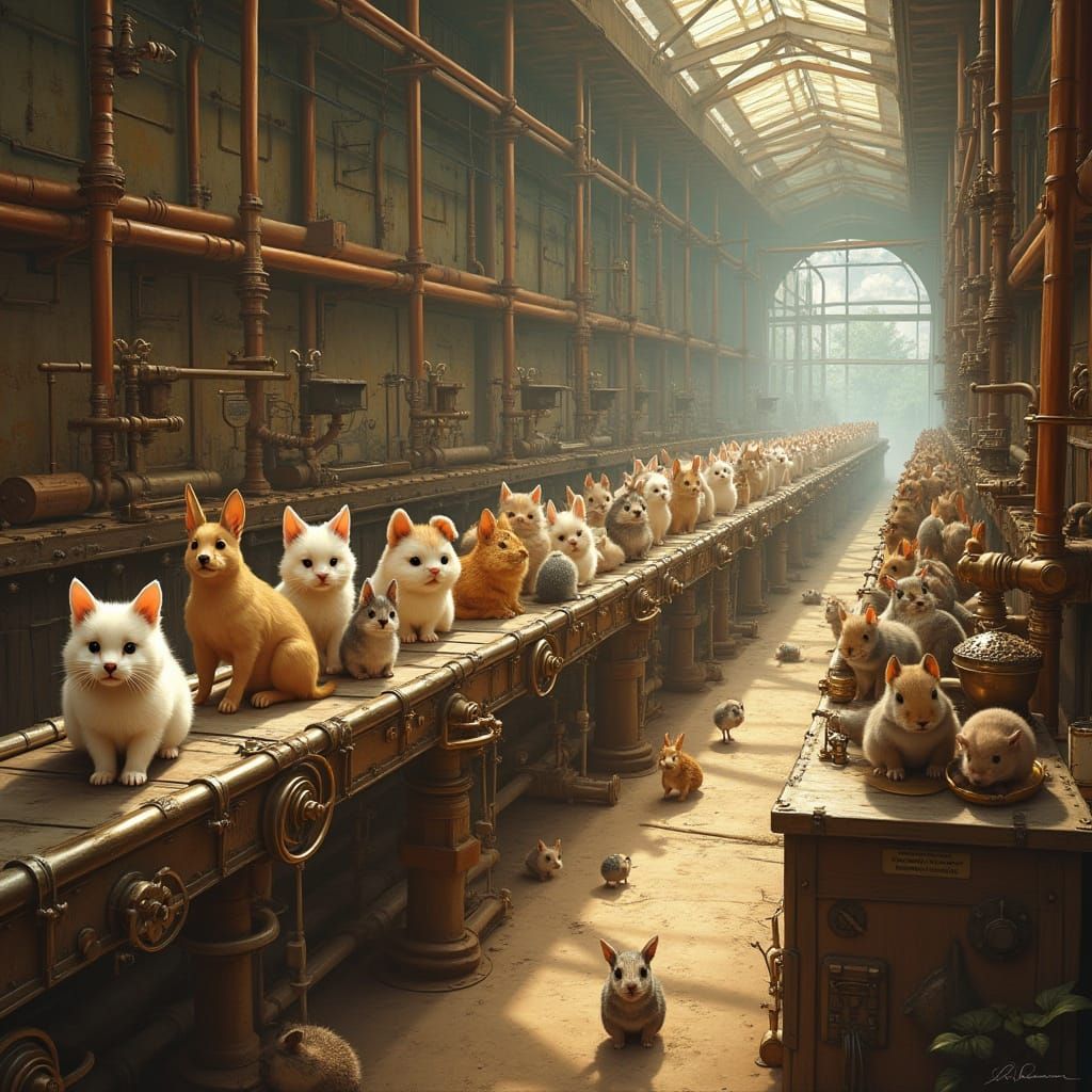 Steampunk Factory Production Line with Adorable Animals