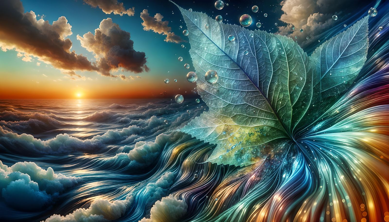 Leaf in Ocean Double Exposure, Hyperrealistic Pastel Art