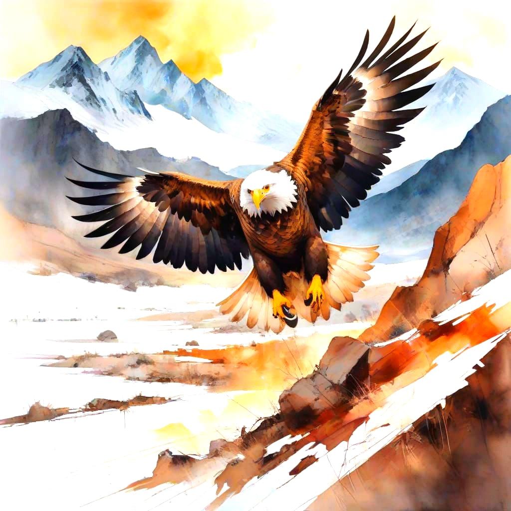 Vibrant Eagle Soars Above Majestic Snowy Peaks in Mixed Medi...