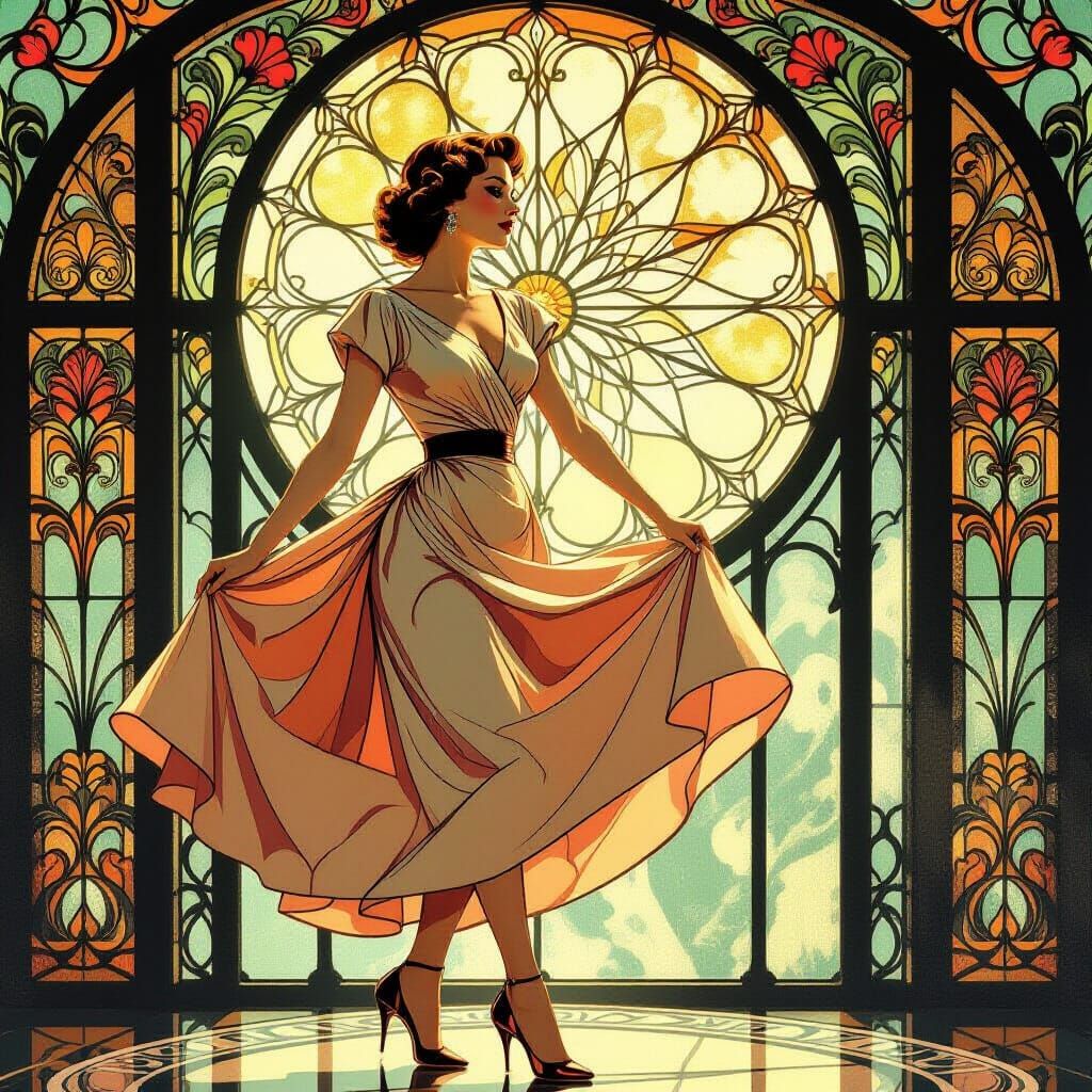 Elegant Woman in Stained Glass Art Nouveau Style